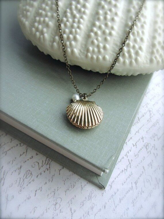 18K Gold Plated Sea Shell Locket. A Gold Plated Over Brass Sea Shell locket with White Freshwater Pearl Necklace. Clam Shell. Shell Necklace