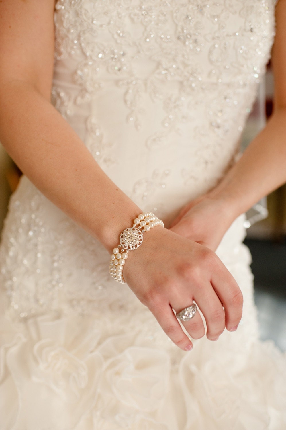 Pearl Wedding Jewelry -- Wedding Bracelet, Pearl Cuff, Vintage Bridal Jewelry, Three Strand, Swarovski Pearls, Rhinestones, Silver -- ANNE
