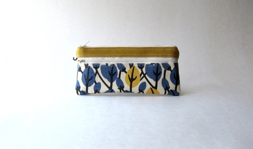 Fabric pouch, retro zipper pouch, pencil case, clutch - The Epu Pouch in  mustard yellow with retro blue / mustrad leaf fabric