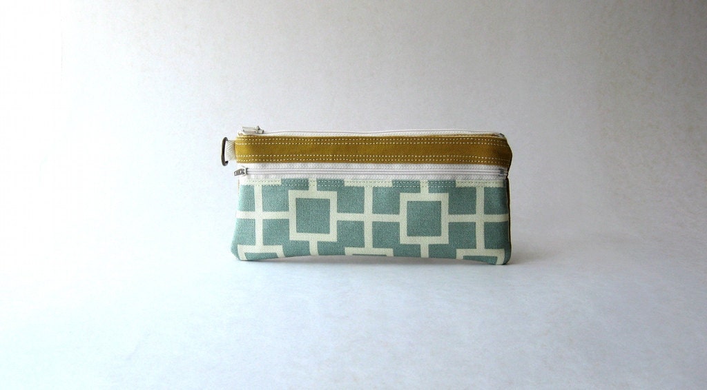 Fabric pouch, geometric, zipper pouch, pencil case, clutch - The Epu Pouch in  yellow mustard with geometric aqua / cream fabric