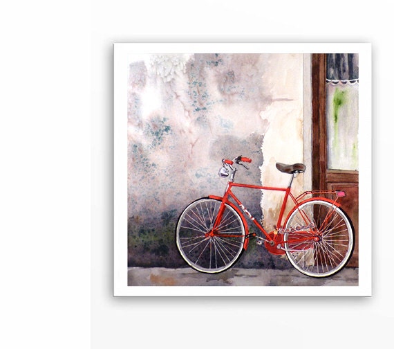 Bike Art - Watercolor Paintings, Print - Italian Landscape, Red Bike Paintings, Florence Italy - Men, Women, Home Decor, Living Room 12 x 12 - WatercolorByMuren