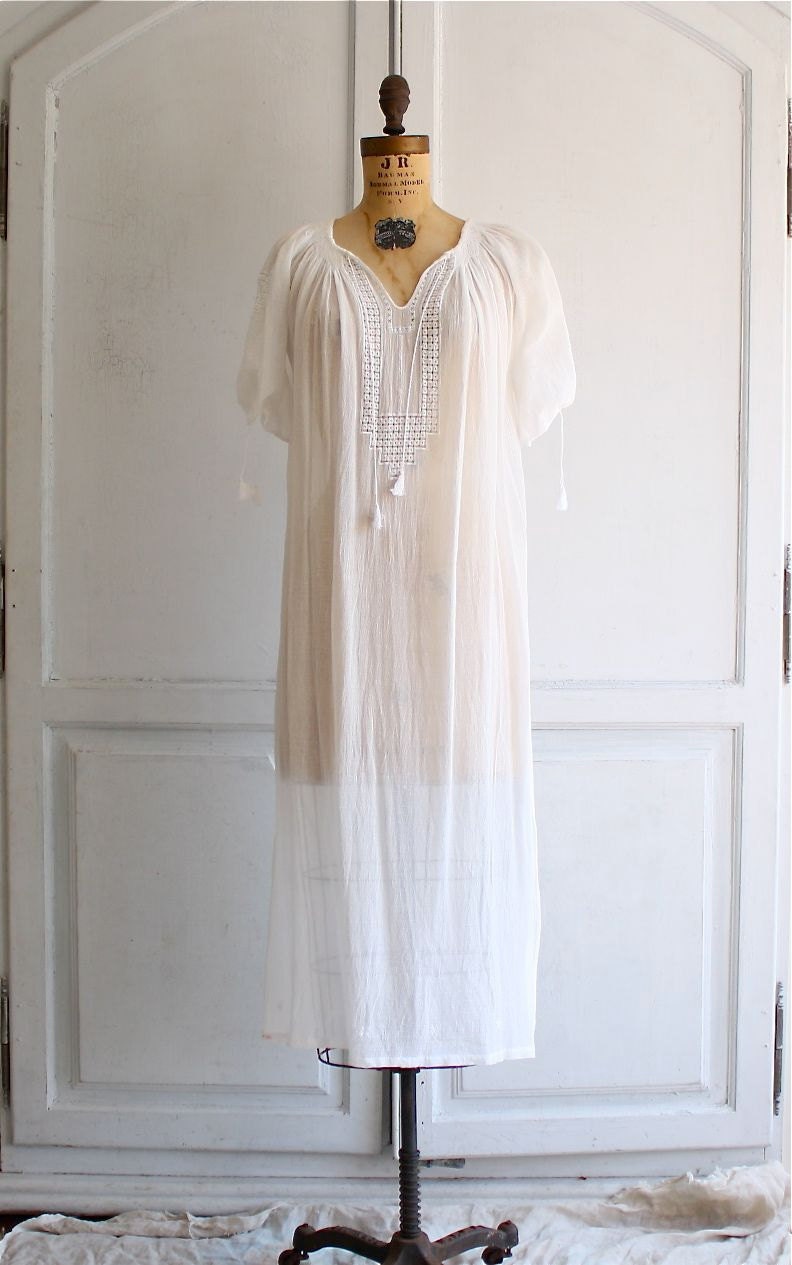 70s embroidered Romanian peasant dress white gauze deadstock