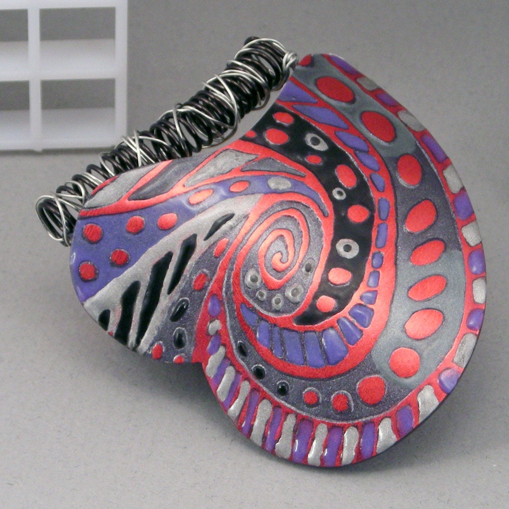 Handcrafted Heart Pendant - Purple Black Silver Red Foil No. 109