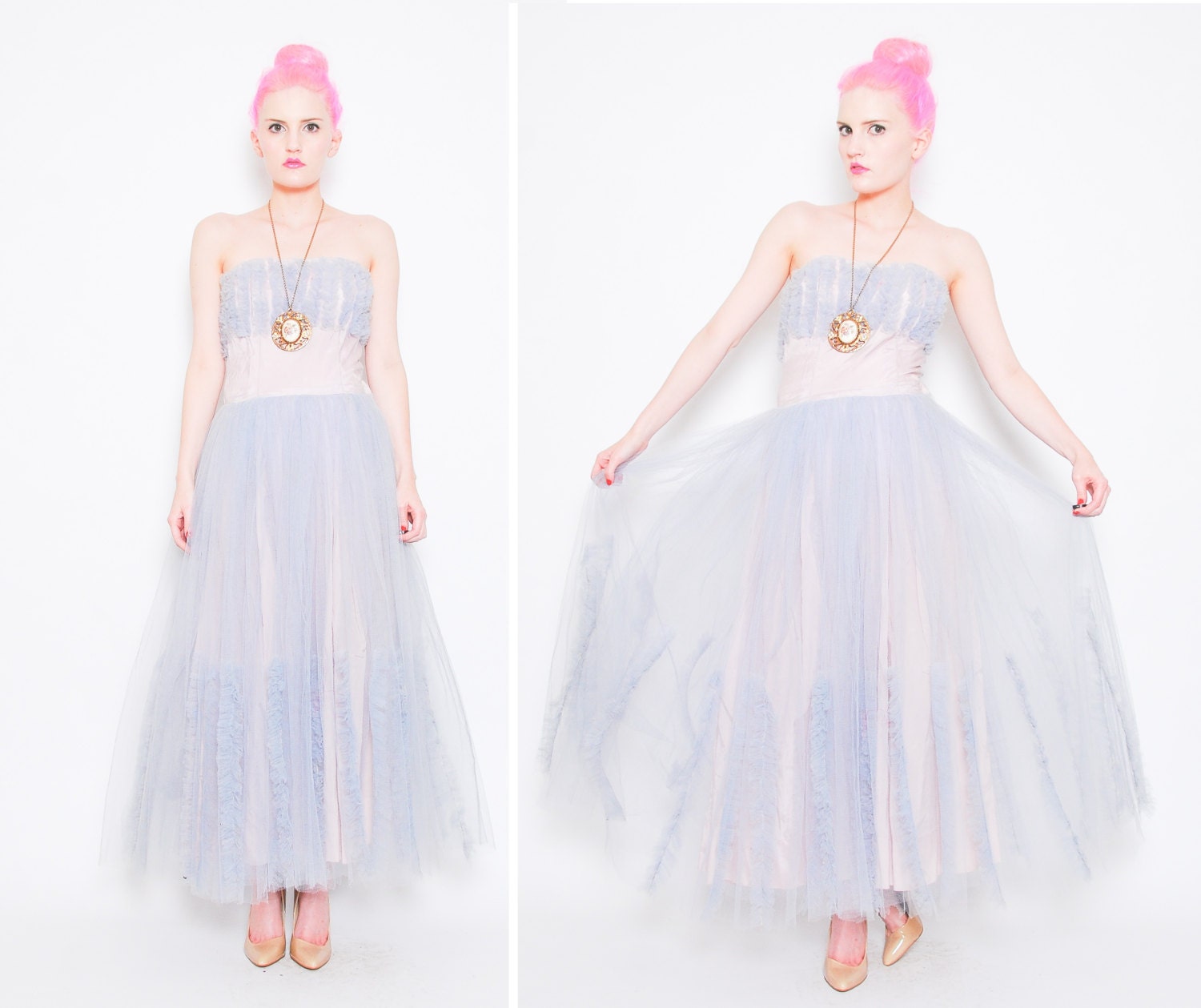 50s Powder Blue Tulle Prom Dress - 1950s Ruffled Strapless Crinoline Party Dress Gown - Blue // Lavender S 6