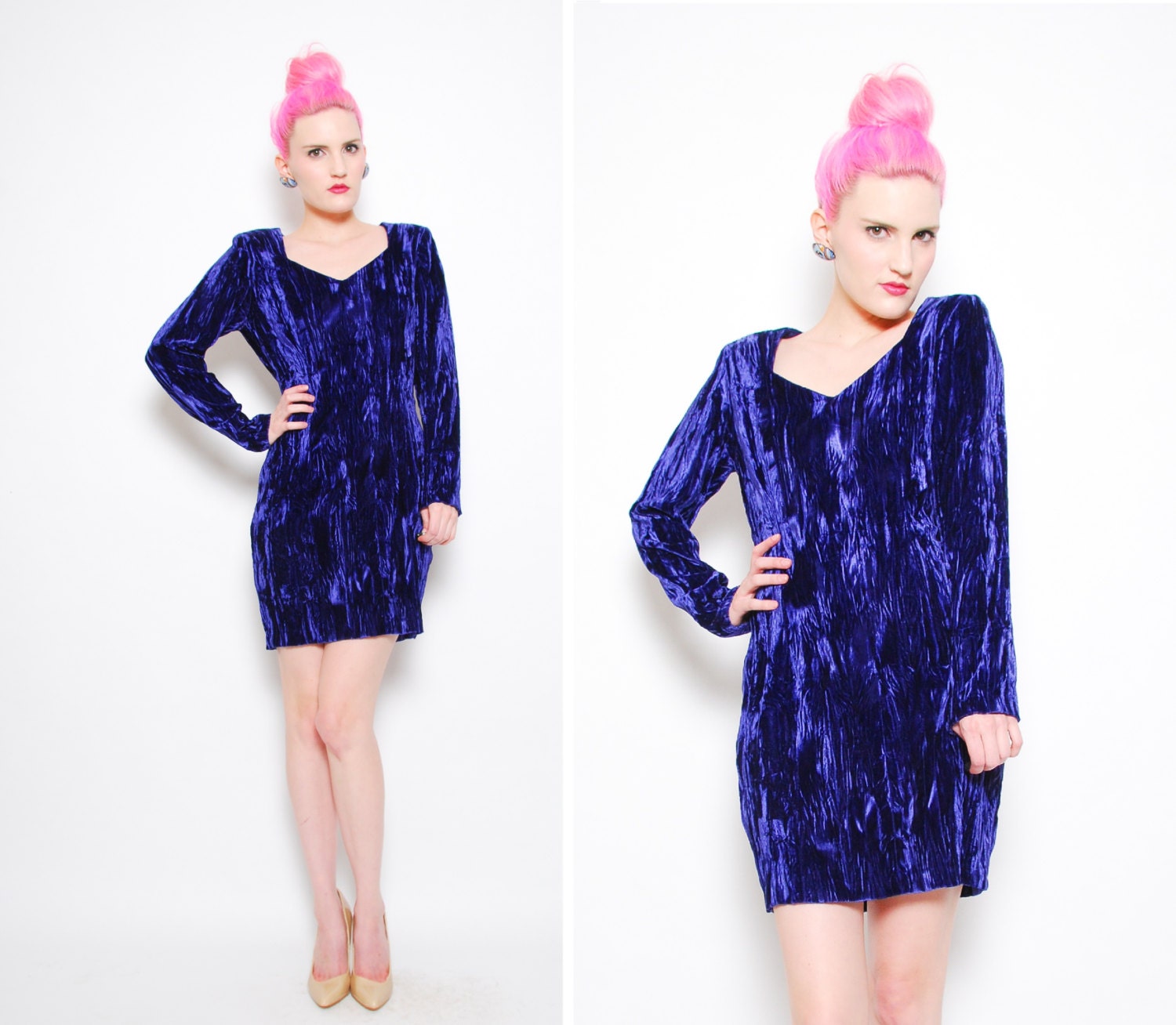 80s 90s Navy Blue Crushed Velvet Mini Dress - 1980s Grunge Bandage Party Dress - Long Sleeve Bodycon - S M 6 8