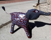 Trix elephant like Paper Mache Surreal Fantasy sculpture - red spirals and silver dots posable and recycled