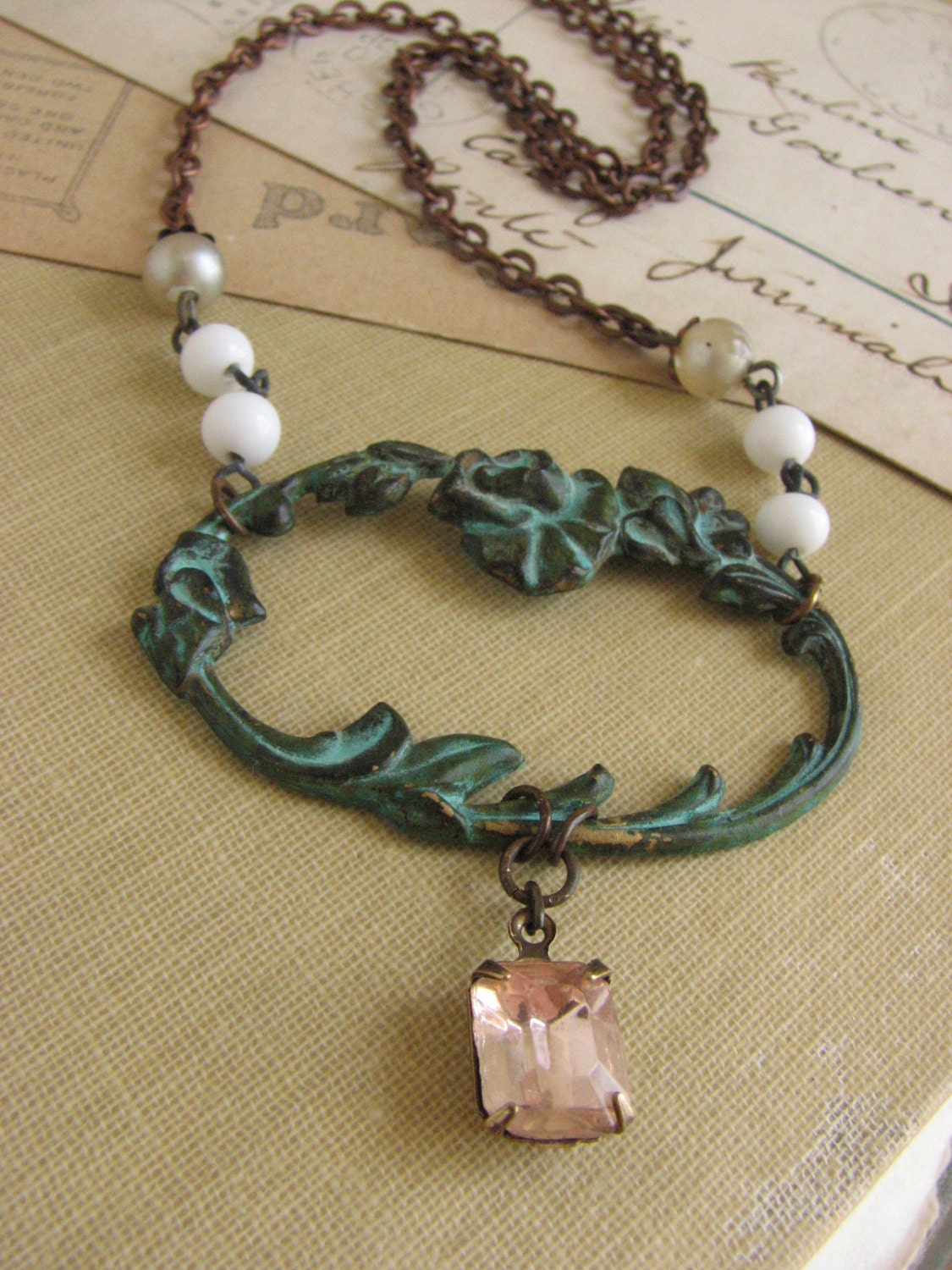 Art Nouveau Inspired Verdigris Necklace -light pink jewel, blue green, shabby chic, repurposed