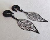 Black Skeleton Leaf Gauged Earrings