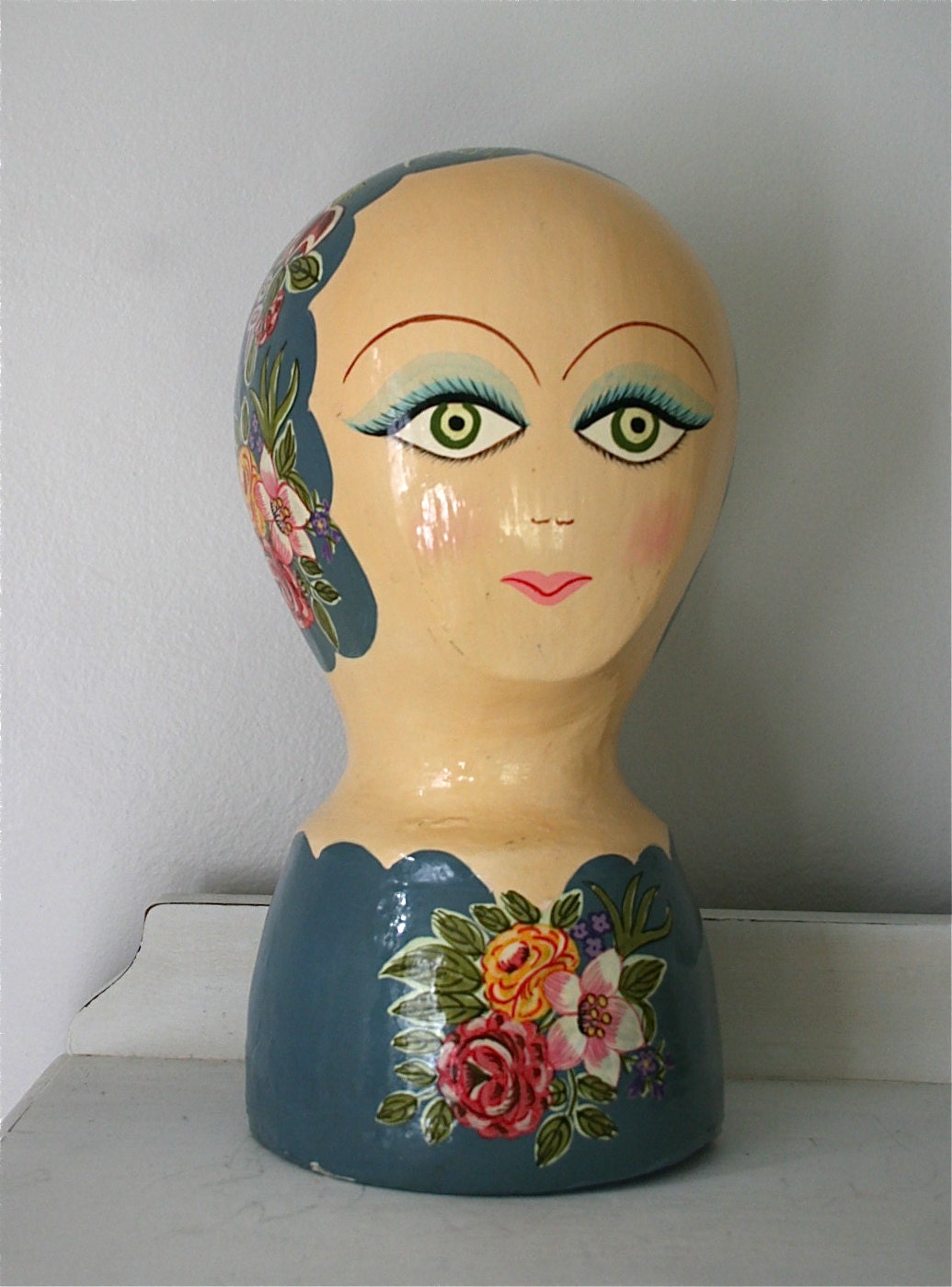 Vintage 1960s Handpainted Papier Mache Doll Head Hat Form