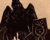 Raven Series (raven, crow, birds)- "A Raven Rests at Lindisfarne" Intaglio Etching Brown ink on light brown paper5" x 7" 2013
