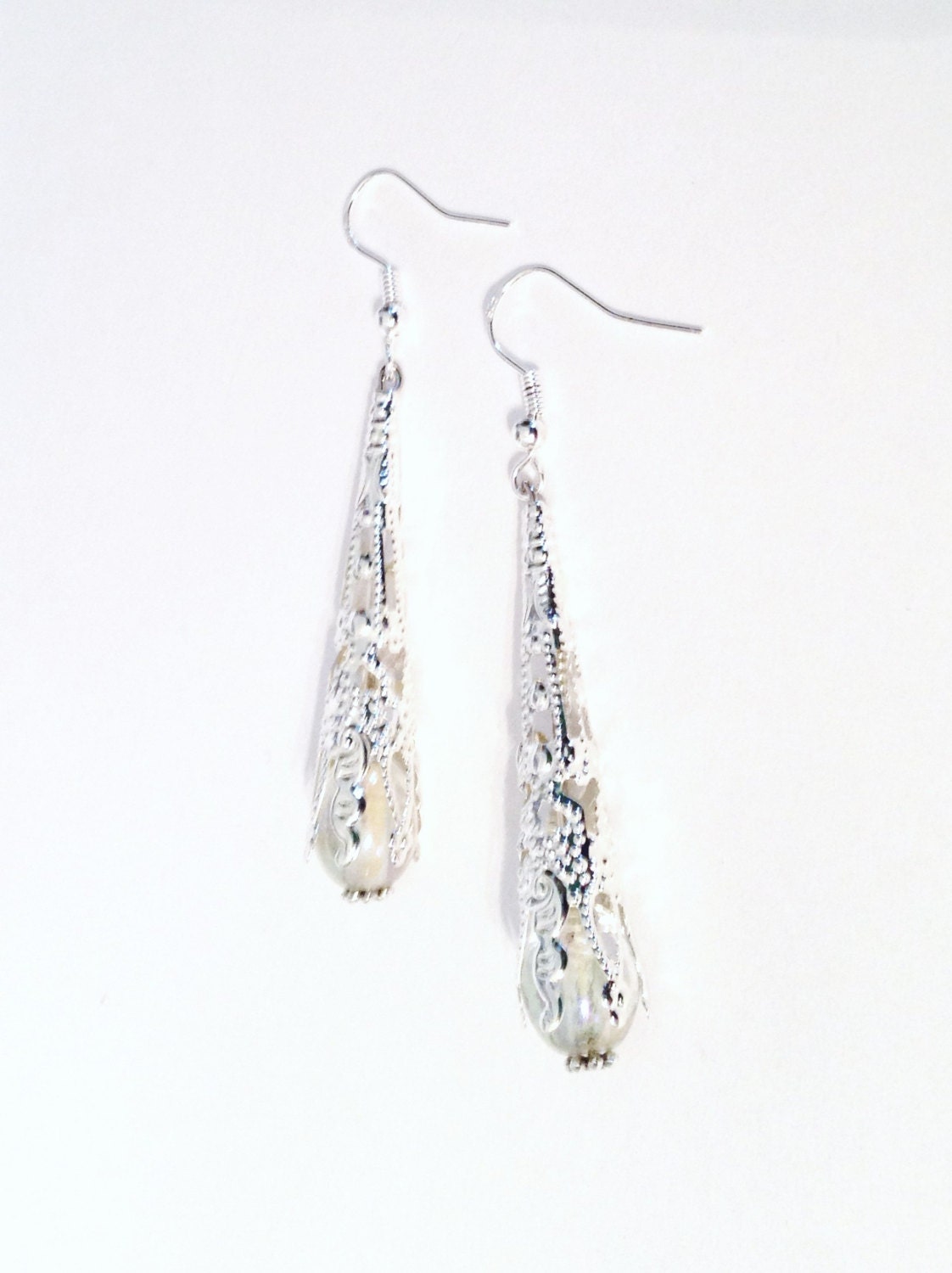 Victorian Filigree Earrings Dangle Pierced Sterling Silver Aurora Borealis Glass Beads - Handmade Gift Idea Downton Abbey Edwardian Jewelry