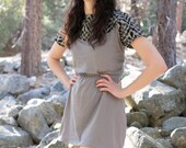 Grey Ikat Print Dress - boho knit jersey with modern cut out back, hipster bohemian style fashion for women - small