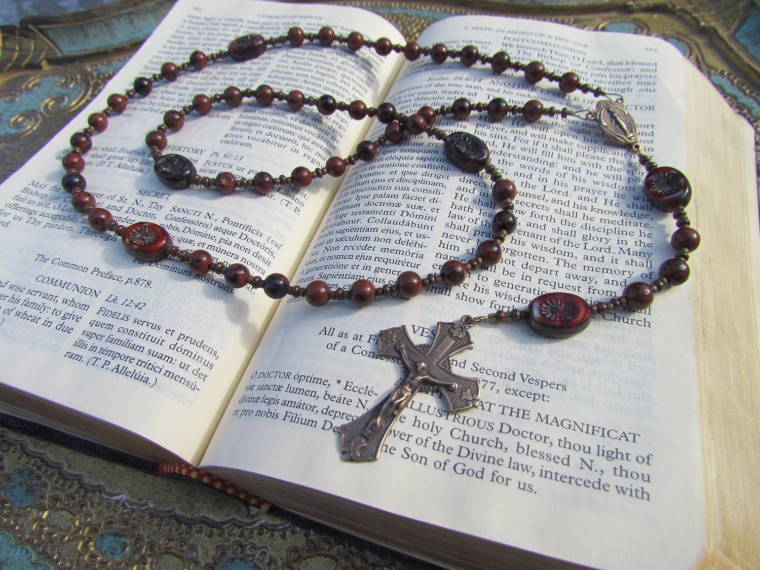 Catholic Rosary for Men - Obsidian Gemstones and Bronze medals Rosary Necklace