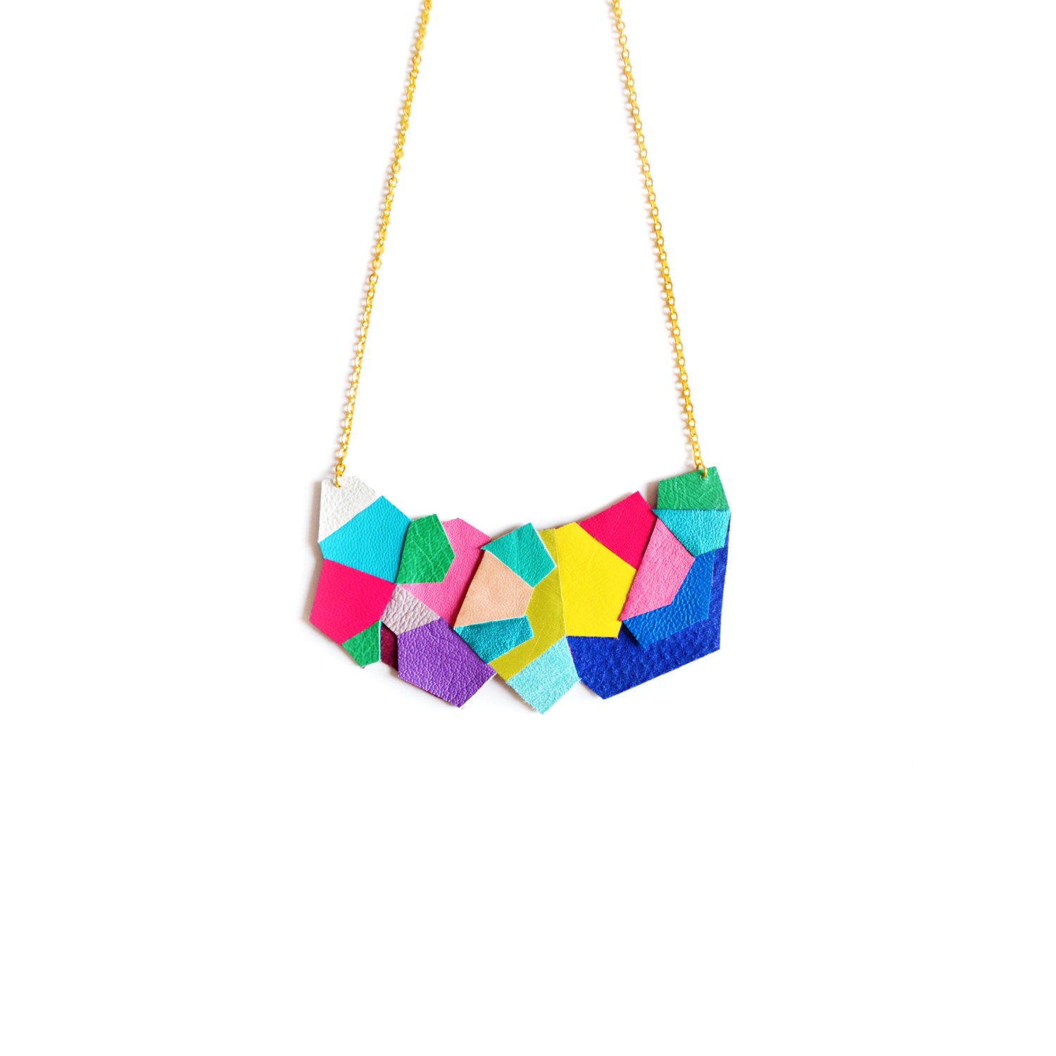 Neon Bib Necklace Faceted Polygon Leather Jewelry Geometric Necklace