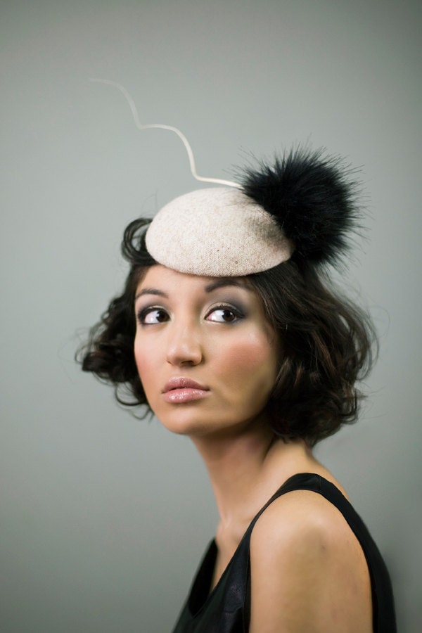 Tweed Cocktail Hat with Faux Pom