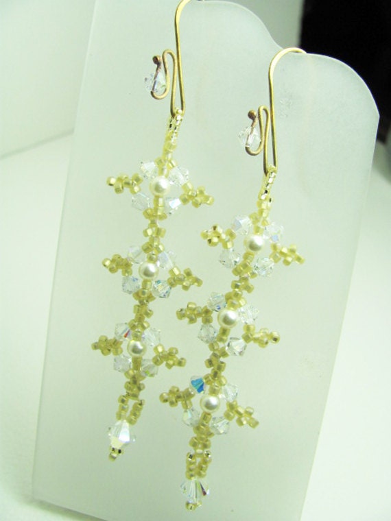 Earrings with Brass Patina -  Long Dangle Beadwork Swarovski Pearls and Aurora Borealis AB Crystals - SRAJD