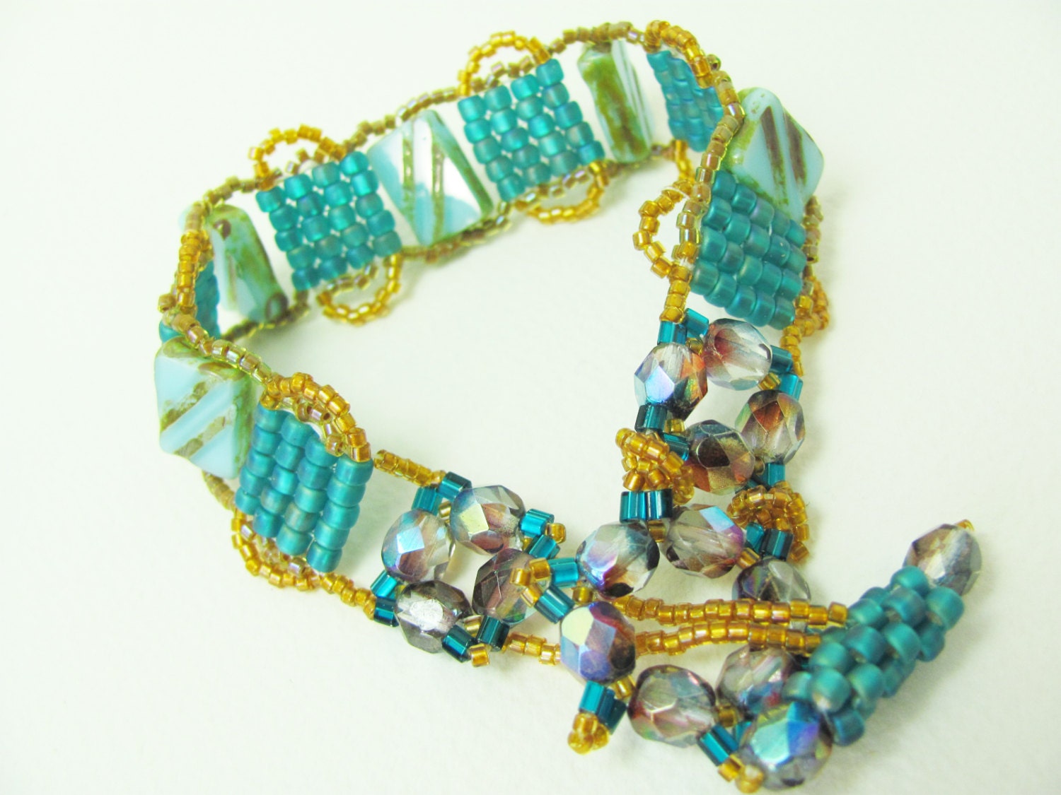 Beadwork OOAK Bracelet - Gold & Turquoise Picasso Czech Bead, Seed Bead, Firepolished Beads - Beadweaving Original Design - SRAJD