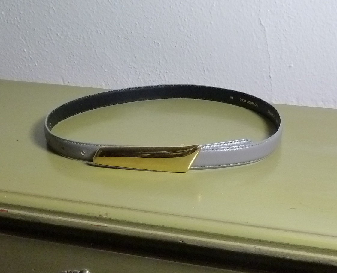 Vintage 80s Grey Belt / Unique Skinny Belt / Gold Asymmetrical Buckle S