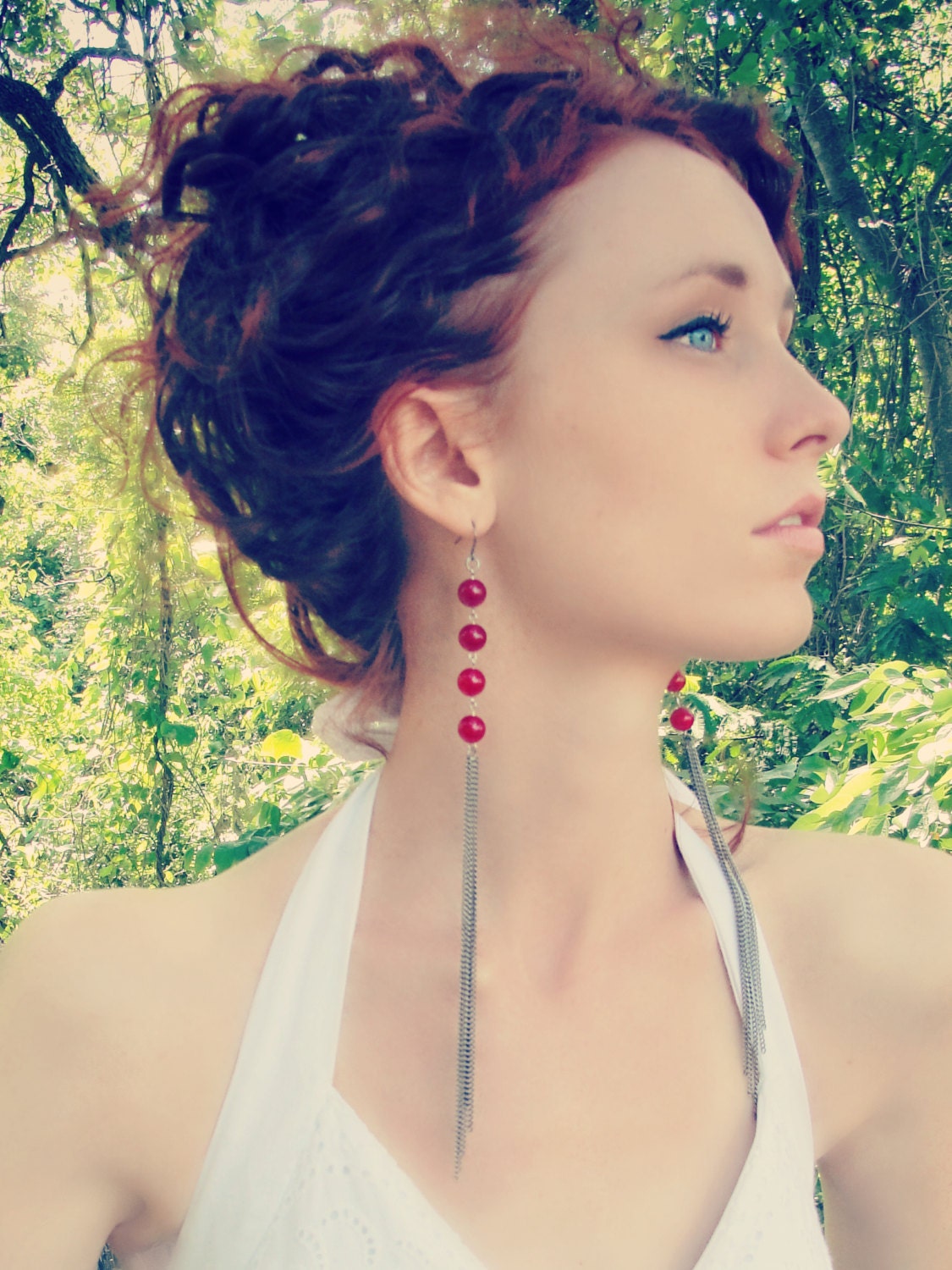 extra long red jade earrings with antiqued silver chain
