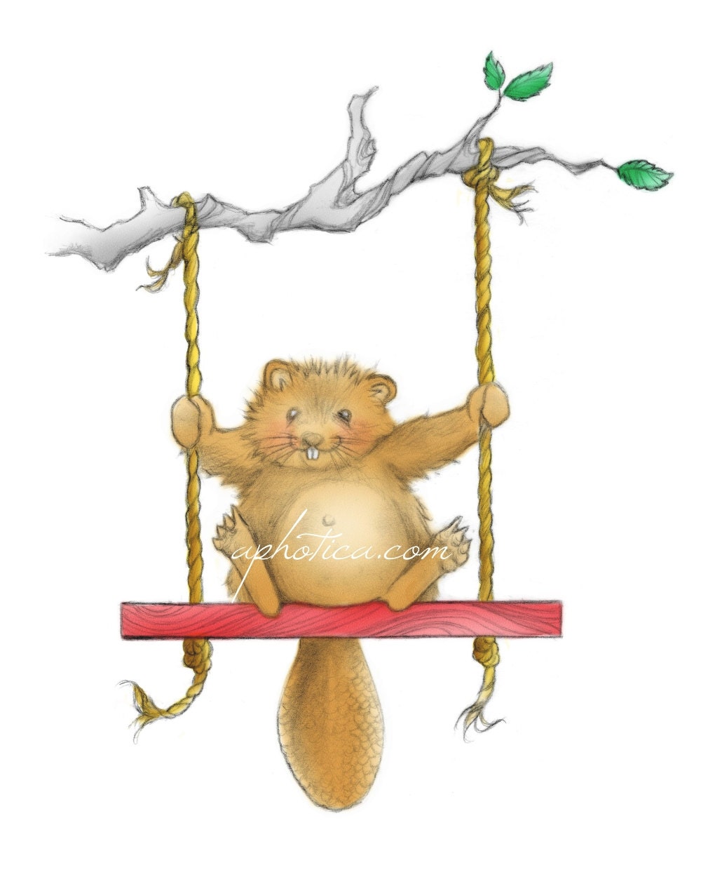 baby beaver on a tree swing original art print 8x10