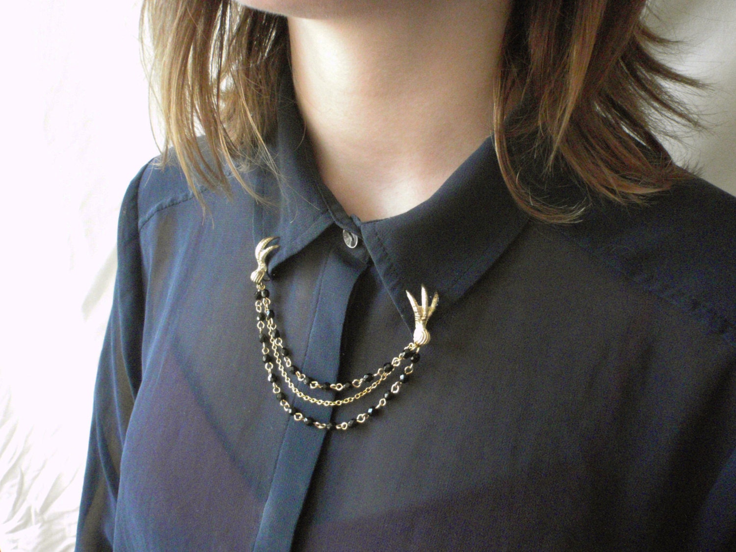 Collar Clips, Brass Claw Lapel Clips with 14k Gold Black Rosary Chain