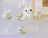 Baby Mobile - Owl Mobile - Nursery Mobile - Crib Mobile - Powder Yellow Gray White Soft Owls in moon stars clouds (Custom Color Available)