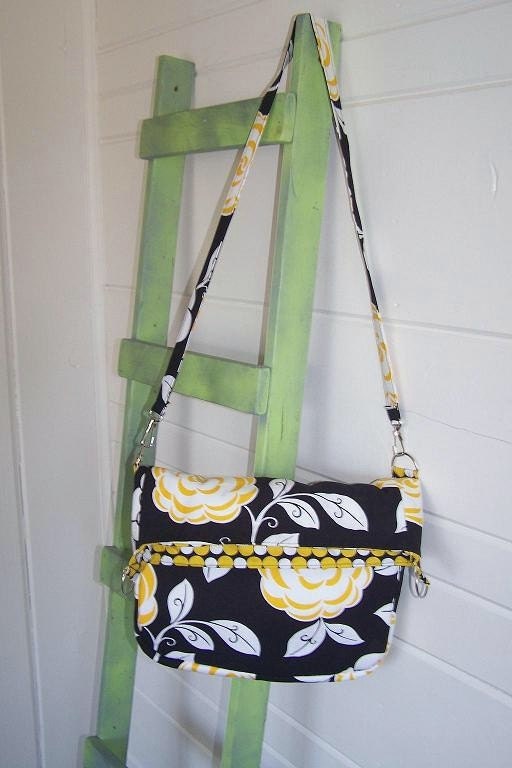 Foldover Crossbody Messenger Hobo Bag and Tote Purse - Black Yellow White Flowers Mums Polka Dots - 2 Styles 1 Bag