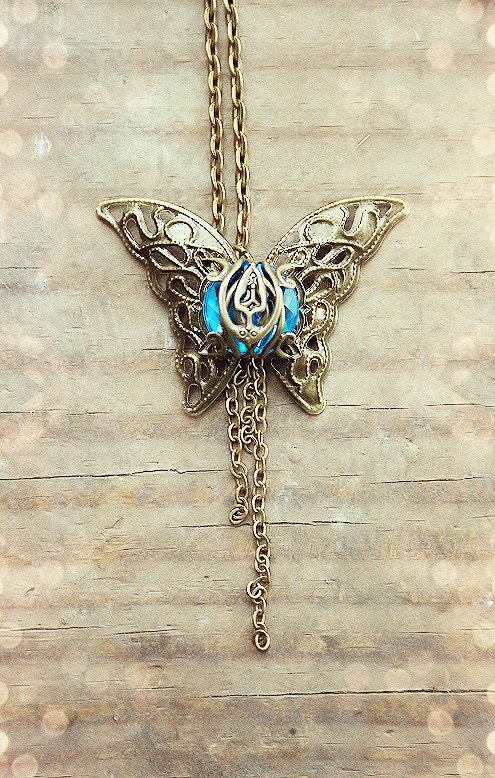 Victorian - Steampunk Brass - Bronze Blue Jewel - Gem Filigree Butterfly Charm Necklace