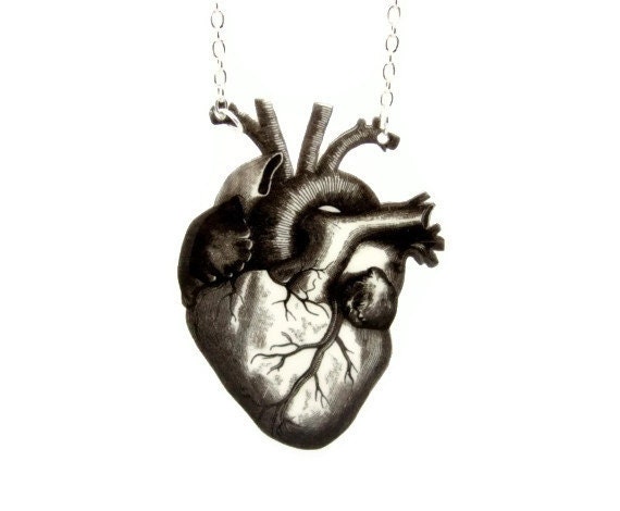 Black Heart Necklace Anti Valentines Day Anatomical Anatomy Statement Jewelry Vintage Illustration Love Customizable