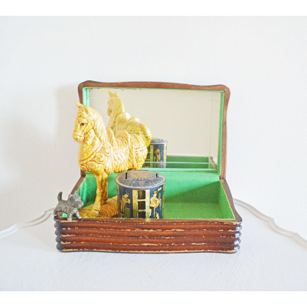Handsome Vintage Wood Box with Mirror and Green Lining Jewelry Box Mirror Lined Box Storage Wooden Box Etched Mirror Cottage Decor For Him