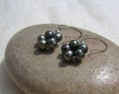 Pearl earring Delicate green fresh water pearl dangle Sterling silver wire jewelry Small wire wrapped pearl flower