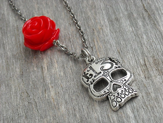 Lucky 13 Silver Skull Necklace with Red Rose