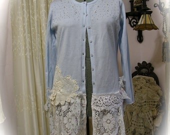 Shabby Sweater Altered, romantic victorian cottage layered with laces, womens LARGE