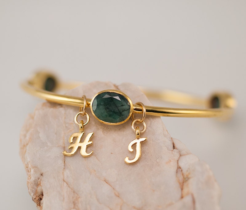 Personalized Charm Bangle - Raw Emerald Bracelet - Gemstone Bangles - May Birthstone Bangles - Initial Charm Bracelets Mother's Day Gift