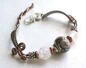 Handmade wire wrapped copper silver bracelet neutral colors lampwork glass women jewelry