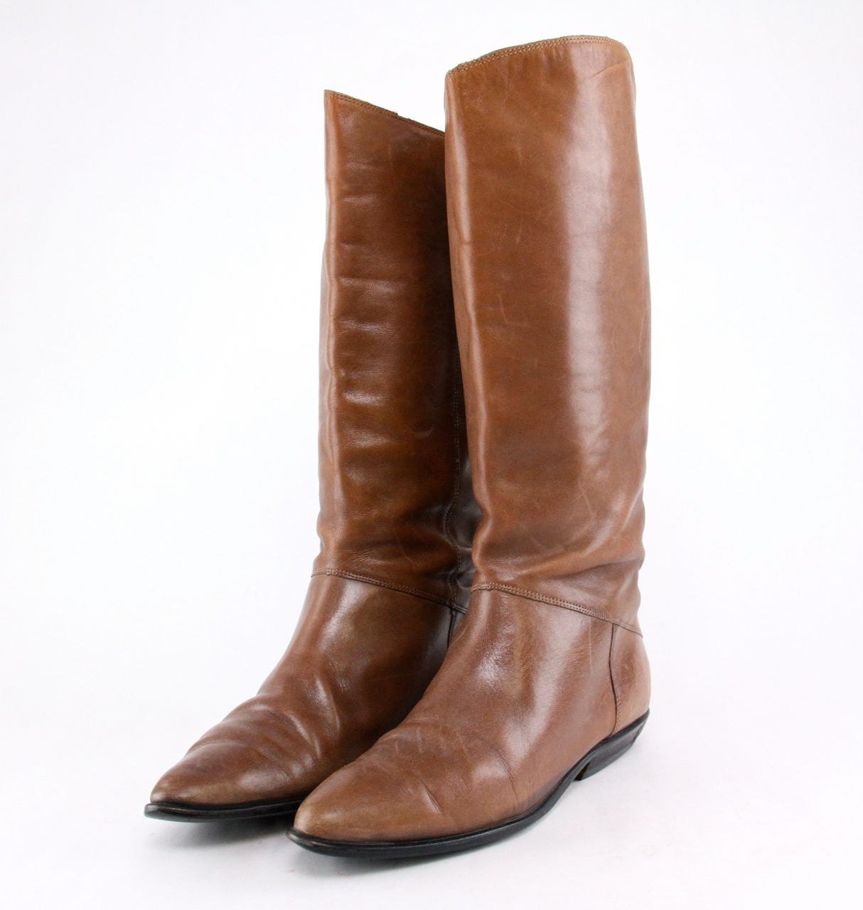 Equestrian Riding Boots, chestnut brown leather flat tall pull on 80s 90s prep pointed toe boots minimalist Brazil slouchy boho hippie shoes