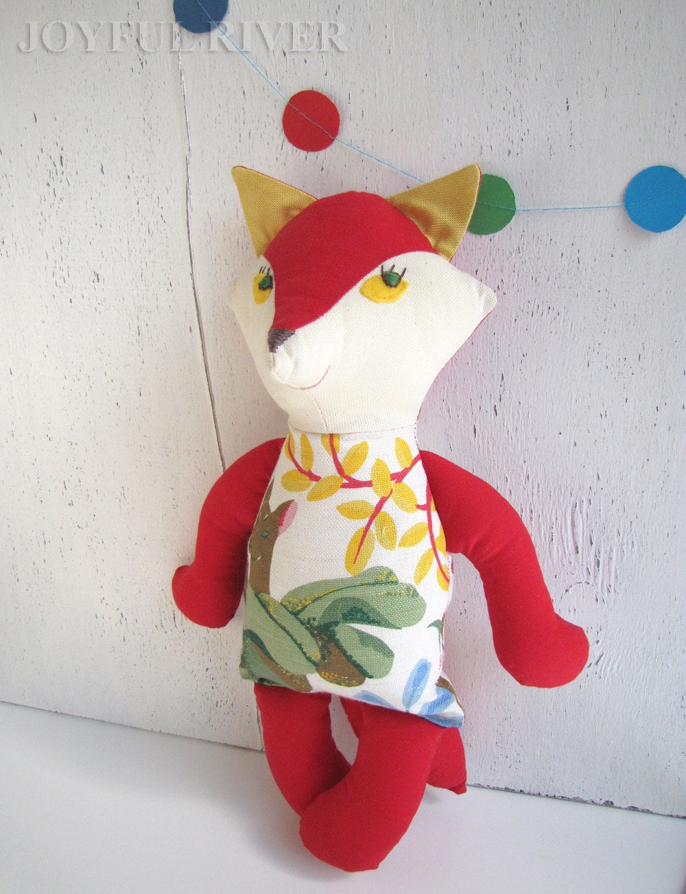 Stuffed toy red Joyful Fox  with a deer print -  Soft  woodland animal handmade by Joyful River- READY SO SHIP