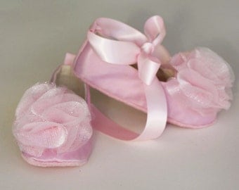 Pink Satin Toddler Shoe - Easter Couture Ballet Slipper - Flower Girl Ballet Flat - Satin and Tulle - Baby Souls Baby Shoes
