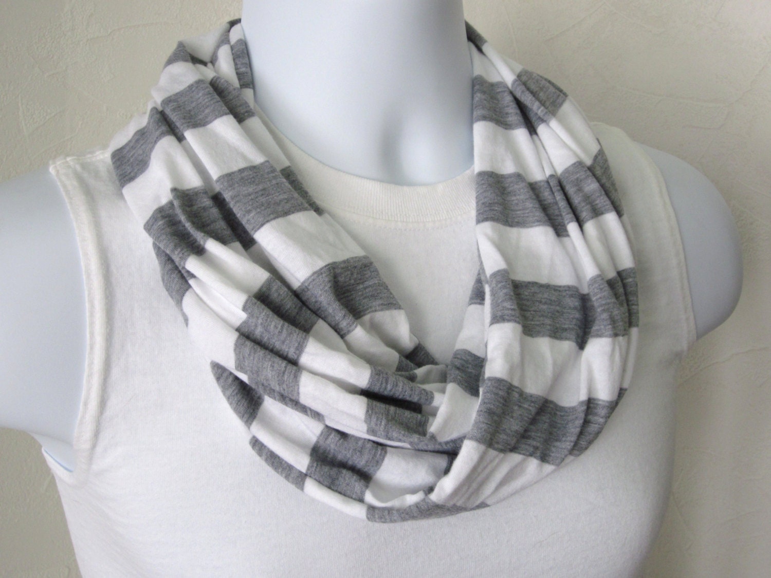 Mens Infinity Scarf Heather Gray and White Stripes For Guys or Gals