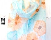 Hand Painted Silk Scarf. Baby Blue and peach Pink Wildflowers Floral Scarf. Silk Chiffon Scarf. 10x54 in.
