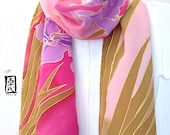 Hand Painted Silk Scarf, Mothers Day Gift. Pink Silk Scarf, Pink Spring Irises Floral Scarf, Japanese Scarf, Silk Crepe. 8x52 in.