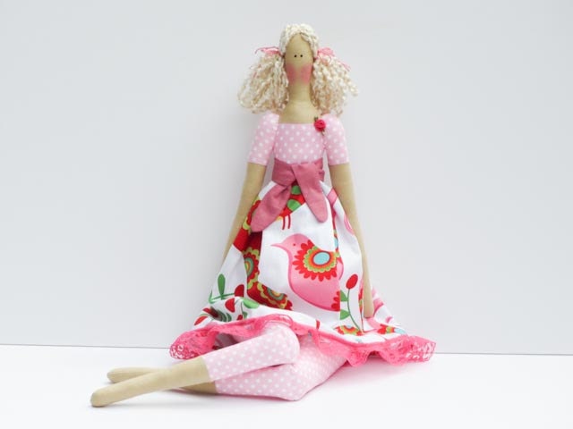 Doll for mom Stuffed doll lovely fabric doll in pink birds dress blonde cloth doll art doll cute toy doll rag doll Mothers gift for girls