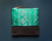 EMERALD Green Clutch. Large Leather Make up Bag. Silk Floral Clutch. Leather Clutch