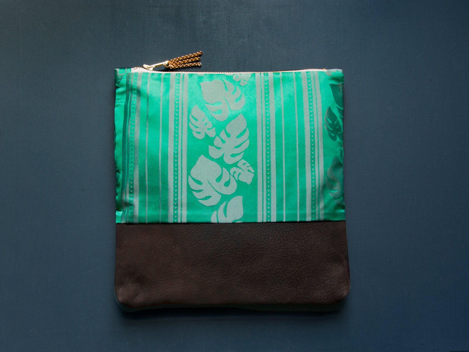 EMERALD Green Clutch. Large Leather Make up Bag. Silk Floral Clutch. Leather Clutch