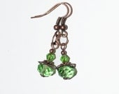 Gifts for her, under 20, Dangle Earrings Copper Green Crystal OOAK Original Design