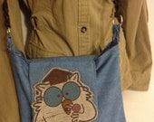 Professor Owl, Denim Messenger Bag, Purse, Tote, Cross Body Bag, book bag