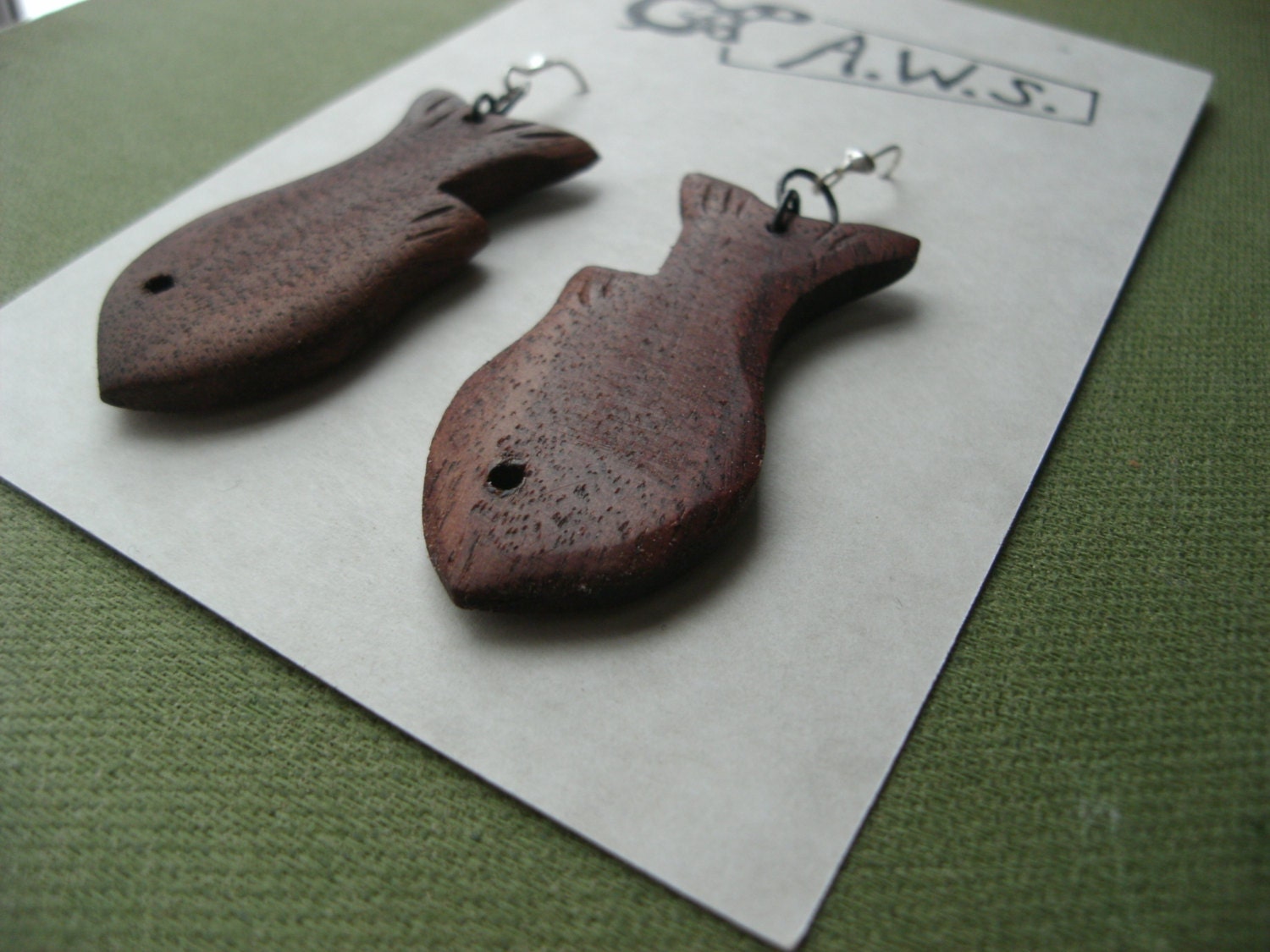 Folk Art Fish Shaped Wooden Earrings With Solid Sterling Silver Wire