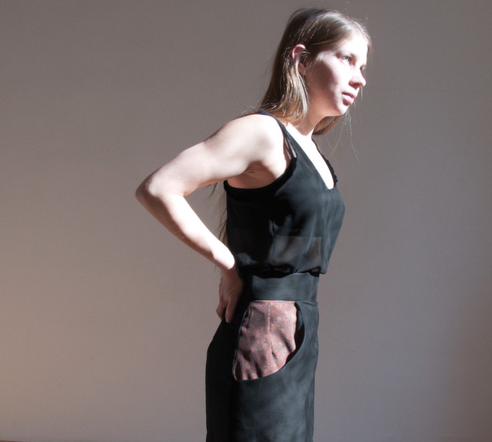 Women's black cotton mini skirt with silk pocket - Classic skirt - Made to order