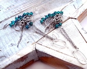 Apatite Silver Earrings - Boho Gypsy Chandelier Earrings - Teal Neon Aqua Blue Green - Natural Apatite Beads - Romantic Elvish Unique