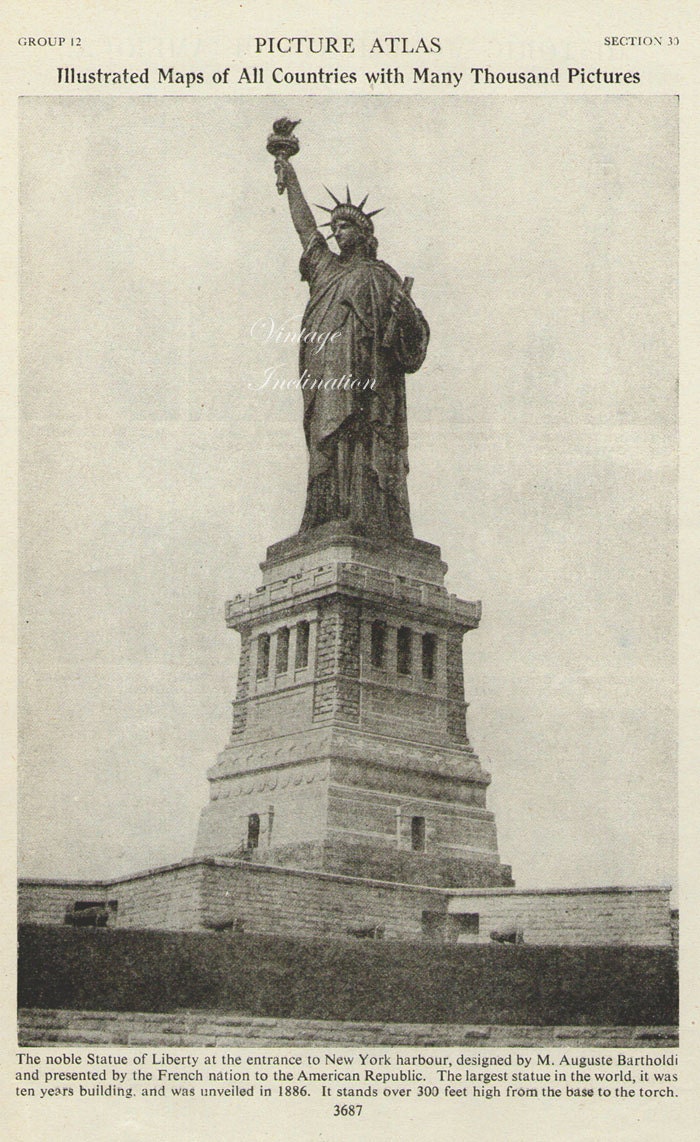 Vintage 1930s STATUE OF LIBERTY, New York harbor ny antique print vintage black white 9 x 6 book plate